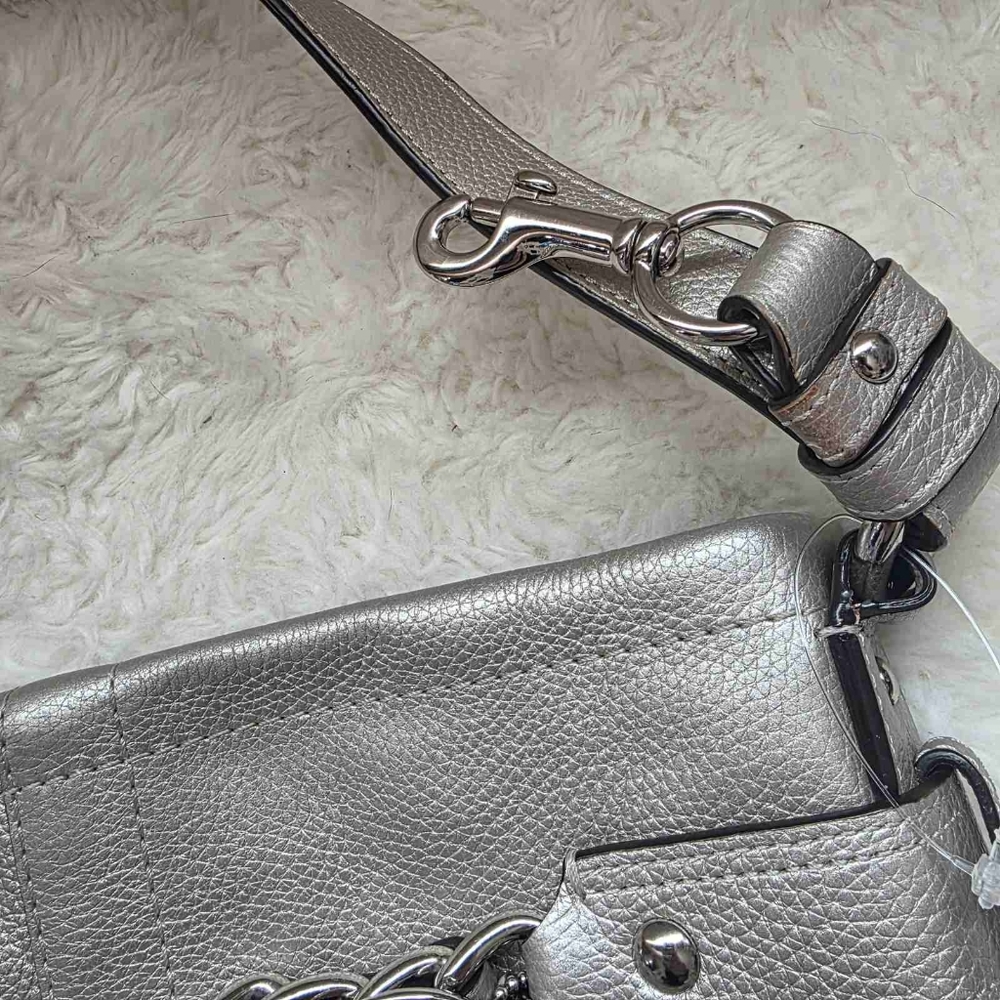 Coach Chain Duffle Crossbody Metallic Silver Pebbled Leather - Picture 14 of 14